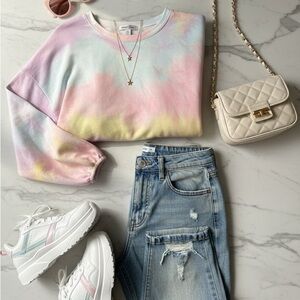 ✨Sorbet Skies Pastel Dreams Tie-Dye Cropped Sweatershirt/ XL / Ballonon Sleeve